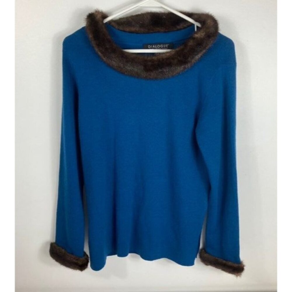 Womens Dialogue Wool Sweater Faux Fur Collar‎ Blue Brown S